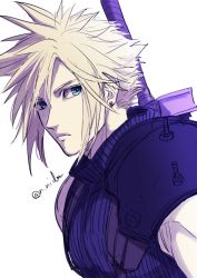 Rule 34 | 1boy, armor, blonde hair, blue eyes, buster sword, closed mouth, cloud, cloud strife, cloudy sky, earrings, final fantasy, final fantasy vii, final fantasy vii remake, jewelry, looking at viewer, male focus, nidou (rechlo), shoulder armor, sky, sleeveless, sleeveless turtleneck, solo, spiked hair, square enix, turtleneck, twitter username, upper body, weapon, weapon on back, white background