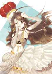 Rule 34 | 1girl, armpits, bad id, bad pixiv id, bridal gauntlets, brown eyes, brown hair, covering face, crown, detached sleeves, earrings, jewelry, long hair, midriff, necklace, okuma mai, original, solo, very long hair