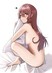 Rule 34 | 1girl, absurdres, barefoot, bed sheet, blush, breasts, brown hair, closed mouth, commentary request, completely nude, full body, hair between eyes, highres, idolmaster, idolmaster shiny colors, long hair, looking at viewer, looking to the side, medium breasts, nude, hugging object, on bed, osaki tenka, pillow, pillow hug, sideboob, simple background, sitting, squiggle, wanimaru, white background, yellow eyes