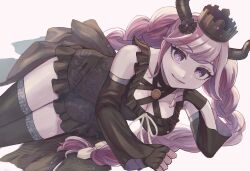 Rule 34 | 1girl, absurdres, black dress, black gloves, black horns, braid, breasts, cleavage, closed mouth, criss-cross halter, crown, detached sleeves, dress, fingerless gloves, floral print, gloves, hair ornament, halterneck, hand on own chin, highres, horns, kudo (kddrv3), long hair, looking at viewer, lying, master detective archives: rain code, medium breasts, multicolored hair, on side, pink eyes, pink hair, ribbon, shinigami (rain code), simple background, smile, solo, symbol in eye, twin braids, two-tone hair, very long hair, white background, white ribbon