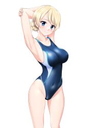 Rule 34 | 1girl, absurdres, arms behind head, black one-piece swimsuit, blonde hair, blue eyes, braid, breasts, commentary request, competition swimsuit, covered navel, cowboy shot, darjeeling (girls und panzer), girls und panzer, highres, medium breasts, multicolored clothes, multicolored swimsuit, one-piece swimsuit, short hair, simple background, solo, swimsuit, takafumi, twin braids, white background