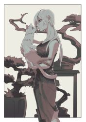 Rule 34 | 1girl, animal, bare arms, bare shoulders, black pants, black tank top, blackhiro6, bonsai, border, brown background, cat, chainsaw man, collarbone, commentary, cowboy shot, expressionless, from side, highres, holding, holding animal, holding cat, long hair, looking at animal, low ponytail, monochrome, outside border, pants, profile, quanxi (chainsaw man), sepia, shirt tucked in, solo, standing, symbol-only commentary, table, tank top, white border, white hair