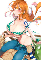 Rule 34 | 1boy, 1girl, accidental pervert, bikini, blue pants, blush, bouncing breasts, bracelet, breasts, closed mouth, clothes pull, collarbone, convenient censoring, earrings, flying sweatdrops, green bikini, green panties, heart, highres, jewelry, large breasts, long hair, motion lines, nami (one piece), navel, nose blush, one piece, open fly, open pants, orange hair, panties, pants, pants pull, pulling another&#039;s clothes, red eyes, rope, sexually suggestive, shoulder tattoo, simple background, sitting, sitting on face, sitting on person, squiggle, stomach, striped, sweat, swimsuit, tattoo, toned, topless, topless male, underwear, untied bikini, usopp, wardrobe malfunction, white background, yaegashi nan