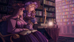 Rule 34 | 2girls, absurdres, acrylic paint (medium), blonde hair, blush, book, book stack, bookmark, bookshelf, bow, braid, breasts, chair, collar, crescent, crescent pin, cup, glowing, glowing eyes, hair bow, hat, hat ribbon, highres, holding, holding cup, ink bottle, kirisame marisa, lamp, library, light, long hair, long sleeves, medium breasts, multiple girls, open book, open mouth, painting (medium), patchouli knowledge, purple eyes, purple hair, quill, reading, reflective floor, ribbon, scenery, shading, shadow, short sleeves, table, tablecloth, teacup, tile floor, tiles, touhou, traditional media, u-joe, very long hair, voile, white bow, witch hat, yellow eyes