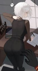 Rule 34 | 1girl, 1other, ?, absurdres, ass, black footwear, black gloves, black pants, black vest, blue eyes, dante (limbus company), desk, eonyan (chaeyang), faust (project moon), from behind, gloves, highres, limbus company, looking at viewer, nib pen (object), pages, pants, pen, pov, pov hands, project moon, ribbed sweater, shoes, short hair, solo, sweater, table, vest, vial, white hair