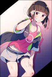 Rule 34 | 1girl, belt, black hair, blush, breasts, commentary request, hand on own face, leaning forward, looking at viewer, moe on drop, original, red eyes, short hair, small breasts, solo, wristband
