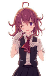 Rule 34 | 10s, 1girl, ahoge, arashi (kancolle), blouse, blush, buttons, commentary request, gloves, hair between eyes, jewelry, kantai collection, long hair, looking at viewer, messy hair, neckerchief, odawara hakone, one eye closed, open mouth, pleated skirt, purple eyes, red hair, ring, shirt, simple background, skirt, smile, solo, tears, vest, wedding band, white background, white gloves