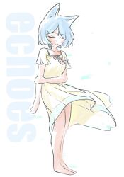 Rule 34 | 1girl, animal ears, barefoot, blue eyes, bow, bowtie, cat ears, cat girl, closed eyes, commentary, dress, feet, highres, original, peacek, red bow, red bowtie, short sleeves, solo, standing, sundress, white background, white dress, wind