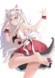 Rule 34 | 1girl, absurdres, animal ear fluff, azur lane, ban tang, barefoot, bow, breasts, feet, foot focus, foreshortening, from behind, hair bow, highres, large breasts, leg up, long hair, looking at viewer, looking back, official alternate costume, red eyes, red skirt, simple background, skirt, soles, solo, tail, toes, white background, white bow, white hair, wrist cuffs, yuudachi (azur lane), yuudachi (carnivore carnival!) (azur lane)
