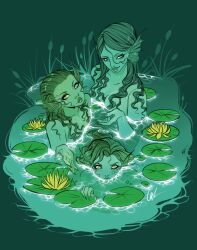Rule 34 | 3girls, cattail, colored skin, commentary, english commentary, fins, green skin, green theme, head fins, highres, lily pad, looking back, medium hair, messy hair, missupacey, monster girl, multiple girls, mythological creature, original, partially submerged, plant, siren (mythology), water, water lily flower, yellow eyes