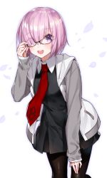 Rule 34 | 1girl, :d, adjusting eyewear, black-framed eyewear, black dress, black pantyhose, dress, eyes visible through hair, fate/grand order, fate (series), glasses, grey jacket, hair over one eye, jacket, leaning forward, long sleeves, looking at viewer, mash kyrielight, masuishi kinoto, necktie, open clothes, open jacket, open mouth, pantyhose, pink hair, purple eyes, red necktie, short dress, short hair, simple background, smile, solo, standing, white background