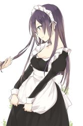 Rule 34 | 1girl, :d, apron, black dress, blue eyes, blush, breasts, cleavage, cowboy shot, dress, hair ribbon, hand in another&#039;s hair, head tilt, juliet sleeves, long hair, long sleeves, lpip, maid, maid apron, maid headdress, open mouth, original, puffy sleeves, purple hair, ribbon, simple background, smile, solo focus, standing, very long hair, white apron, white background, white ribbon