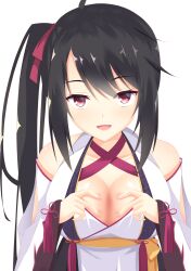 Rule 34 | 1girl, :d, absurdres, ahoge, bare shoulders, black hair, blush, breasts, calamity saika, cleavage, collarbone, colored eyelashes, commentary, criss-cross halter, detached sleeves, fingernails, hair ribbon, halterneck, hands on own chest, hands up, highres, hoshikawa kaguya, japanese clothes, kimono, large breasts, long hair, long sleeves, looking at viewer, nontraditional miko, open mouth, red eyes, red ribbon, red tassel, ribbon, seductive smile, side ponytail, simple background, skindentation, sleeveless, sleeveless kimono, smile, solo, straight-on, swept bangs, tenshi souzou re-boot!, tsurime, upper body, upturned eyes, very long hair, white background, white kimono, wide sleeves