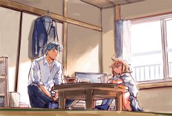 Rule 34 | 1boy, 1girl, ahoge, alternate costume, blue jacket, blue pants, blue skirt, blue socks, chopsticks, closed mouth, clothes hanger, collared shirt, cup ramen, curtains, donbee (food), fate/grand order, fate (series), flat screen tv, food, fujimaru ritsuka (female), grey hair, hair between eyes, highres, indian style, indoors, instant soba, jacket, knees up, looking ahead, looking at food, looking down, medium hair, nissin cup noodle, no shoes, noodles, orange eyes, orange hair, panties, pants, pantyshot, pleated skirt, ramen, round table, saitou hajime (fate), shirt, short hair, short sleeves, side ponytail, sitting, skirt, sleeves rolled up, socks, table, television, tissue box, underwear, uni (nico02), unworn jacket, white panties, white shirt, window, wooden table, yellow eyes