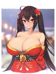 Rule 34 | 1girl, ahoge, azur lane, black hair, blush, breasts, cityscape, cleavage, collarbone, commentary, hair ribbon, huge breasts, kuavera, long hair, looking at viewer, new year, panties, red eyes, red ribbon, ribbon, smile, solo, taihou (azur lane), twintails, underwear, very long hair, white panties