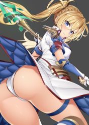 Rule 34 | 1girl, ass, bare shoulders, blonde hair, blue eyes, blush, bradamante (fate), bradamante (second ascension) (fate), braid, breasts, coat, coattails, elbow gloves, epaulettes, fate/grand order, fate (series), french braid, from behind, gloves, grey background, hair between eyes, holding, holding polearm, holding spear, holding weapon, leg up, leotard, long hair, looking at viewer, medium breasts, polearm, shuutou haruka, simple background, skindentation, smile, solo, spear, thigh strap, thighs, twintails, twisted torso, very long hair, weapon