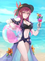 Rule 34 | 1girl, artist name, ball, bare shoulders, beachball, black headwear, blue sky, breasts, cleavage, clothing cutout, cloud, commentary request, cowboy shot, cup, day, drinking glass, female focus, fire emblem, fire emblem engage, fire emblem heroes, flower, highres, holding, holding cup, ivy (fire emblem), kaphrin, long hair, looking at viewer, matching hair/eyes, medium breasts, navel, nintendo, ocean, official alternate costume, one-piece swimsuit, orange flower, purple eyes, purple hair, sidelocks, sky, smile, solo, standing, stomach, stomach cutout, swimsuit, thighs, tropical drink, very long hair, water