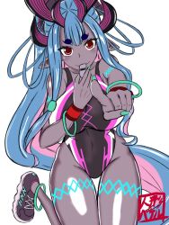 Rule 34 | 1girl, :3, aqua hair, artist request, bare legs, bare shoulders, black one-piece swimsuit, body markings, breasts, colored skin, curvy, fate/grand order, fate (series), fingernails, grey skin, hat, highleg, highleg swimsuit, highres, holding, holding whistle, horns, ibuki douji (fate), ibuki douji (swimsuit berserker) (fate), ibuki douji (swimsuit berserker) (first ascension) (fate), index finger raised, large breasts, long hair, looking at viewer, multicolored hair, multiple horns, nail polish, one-piece swimsuit, oni horns, pink hair, pink hat, pointy ears, ponytail, shiny skin, shoes, sitting, smile, sneakers, solo, standing, standing on one leg, swimsuit, two-tone hair, two-tone swimsuit, very long hair, visor cap, wariza, whistle, white background, wide hips