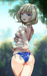 Rule 34 | 1girl, anime coloring, ass, bikini, blonde hair, blue bikini, blue eyes, braid, breasts, colorado (kancolle), cowboy shot, day, from behind, kantai collection, mismatched bikini, monteriakitto, outdoors, short hair, side braids, small breasts, solo, standing, swimsuit, white bikini