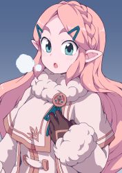 Rule 34 | 1girl, :o, aqua eyes, blonde hair, blush, braid, breath, brown capelet, brown coat, brown gloves, capelet, coat, cold, commentary request, crown braid, floating hair, fur collar, gloves, green ribbon, grey background, hair ornament, hairclip, hand up, highres, long hair, long sleeves, looking at viewer, nintendo, parted bangs, pointy ears, princess zelda, ribbon, sidelocks, simple background, sleeves past wrists, solo, the legend of zelda, the legend of zelda: breath of the wild, thick eyebrows, triforce, upper body, winter clothes, yokoyoko (nazonazo)