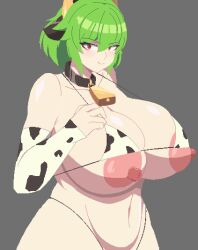 Rule 34 | 1girl, absurdres, animal ears, animal print, bell, bikini, breasts, closed mouth, commentary, cow ears, cow girl, cow print, cow print bikini, cow print gloves, elbow gloves, gloves, green hair, grey background, highres, huge breasts, kazami yuuka, mionely, navel, neck bell, nipples, pixel art, print bikini, print gloves, red eyes, short hair, simple background, smile, solo, swimsuit, touhou, upper body