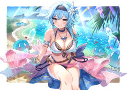Rule 34 | 1girl, alternate costume, armlet, bare shoulders, black hairband, blue choker, blue hair, blush, bracelet, breasts, choker, closed mouth, collarbone, commentary, english commentary, eula (genshin impact), genshin impact, hair ornament, hairband, heart, highres, jewelry, large breasts, looking at viewer, medium hair, navel, outdoors, saylamars, sitting, slime (genshin impact), smile, sparkle, sunlight, swimsuit, thighs, water, yellow eyes