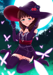 Rule 34 | 10s, 1girl, blue eyes, blush, breasts, brown hair, bug, butterfly, choker, cleavage, elbow gloves, flower, full moon, gloves, glowing, hairband, hat, hat flower, idolmaster, idolmaster cinderella girls, idolmaster cinderella girls starlight stage, bug, looking at viewer, moon, parted lips, revision, sakuma mayu, sash, short hair, sitting, smile, solo, wariza, witch hat, yasuhito