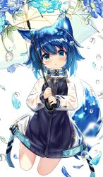 Rule 34 | 1girl, :o, animal ears, blue flower, blue hair, coat, commission, expressionless, flower, fuepo, highres, holding, holding umbrella, long sleeves, no pants, oversized zipper, petals, see-through, see-through sleeves, short hair, skeb commission, tail, transparent, transparent umbrella, umbrella, vrchat, water drop