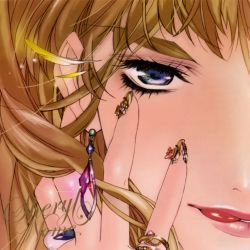 Rule 34 | 1girl, album cover, artist request, blonde hair, character name, choker, close-up, cover, earrings, endou aya, feathers, hat, highres, jewelry, lips, macross, macross frontier, nail art, nail polish, purple eyes, ribbon, ring, voice actor connection, sheryl nome, solo, tongue, yellow nails