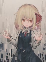Rule 34 | 1girl, arms up, bad hands, black skirt, black vest, blonde hair, blouse, bow, breasts, collared shirt, glitch, hair bow, highres, lit ter, long sleeves, looking at viewer, open mouth, red eyes, rumia, shirt, short hair, skirt, skirt set, small breasts, solo, standing, touhou, vest, white background, white shirt