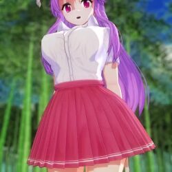 Rule 34 | 1girl, 3d, animal ears, animated, bouncing breasts, breasts, cleavage, downblouse, hanging breasts, large breasts, leaning forward, light purple hair, looking at viewer, mofumoko5, no bra, purple eyes, rabbit ears, reisen udongein inaba, skirt, smile, solo, touhou, video