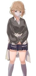 Rule 34 | 1girl, absurdres, black skirt, breasts, clothes around waist, collared shirt, feet out of frame, grey shirt, grey socks, highres, jacket, jacket around waist, kneehighs, kobato ryouko, light brown hair, long sleeves, looking at viewer, mask, medium breasts, midori usagi, miniskirt, mouth mask, own hands together, pleated skirt, purple eyes, school uniform, shirt, short hair, shoujo kageki revue starlight, shoujo kageki revue starlight -re live-, simple background, skirt, sleeves past wrists, socks, solo, standing, surgical mask, v arms, white background, white jacket, white shirt