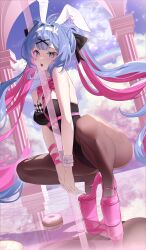 Rule 34 | 1girl, absurdres, animal ear piercing, animal ears, aqua74286, arm ribbon, bare shoulders, black leotard, black pantyhose, blue eyes, blue hair, blue sky, bow, bowtie, card, clothing cutout, cloud, commentary request, cutout above navel, detached collar, doughnut, fake animal ears, food, full body, hair ornament, hairband, hatsune miku, heart, heart cutout, heart in eye, highres, leotard, long hair, looking at viewer, multicolored hair, object in bra, open mouth, outdoors, pantyhose, pillar, pink bow, pink bowtie, pink hair, pink pupils, pink ribbon, platform footwear, platform heels, playboy bunny, pole, rabbit ears, rabbit hole (vocaloid), rainbow, reflective floor, ribbon, sky, solo, squatting, stripper pole, sweatdrop, symbol in eye, teardrop facial mark, twintails, two-tone hair, very long hair, vocaloid, white bracelet, white hairband, x hair ornament