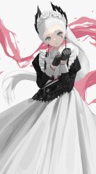 Rule 34 | 1girl, apron, arknights, black dress, black gloves, dress, gloves, grey eyes, grey hair, head wings, highres, irene (arknights), irene (voyage of feathers) (arknights), julie, juliet sleeves, long hair, long sleeves, looking at viewer, maid, maid headdress, official alternate costume, parted lips, ponytail, puffy sleeves, scar, scar across eye, scar on face, simple background, solo, very long hair, white apron, white background, wings