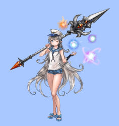 Rule 34 | 1girl, 96dgd, ;), absurdres, battle mage (dungeon and fighter), blue background, blue eyes, dungeon and fighter, full body, hat, high heels, highres, long hair, looking at viewer, mage (dungeon and fighter), magic, one eye closed, peaked cap, pointy ears, sailor collar, sandals, short shorts, shorts, silver hair, sleeveless, smile, solo, staff, standing, very long hair