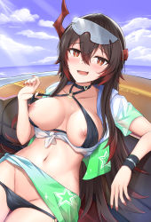 Rule 34 | 1girl, :d, arm rest, artist name, asymmetrical horns, azur lane, bikini, bikini bottom pull, bikini pull, black bikini, black choker, black hair, blue sky, blush, breasts, choker, clothes pull, cloud, collarbone, commentary, cowboy shot, criss-cross halter, day, eyewear on head, fang, groin, hair between eyes, halterneck, highres, horns, large breasts, long hair, looking at viewer, lower teeth only, magdeburg (azur lane), magdeburg (gone fishing) (azur lane), multicolored hair, nail polish, navel, nipples, o-ring, o-ring bikini, ocean, official alternate costume, open mouth, outdoors, paid reward available, pulling own clothes, red eyes, red hair, red horns, red nails, sarong, scar, see-through, see-through shirt, shadow, shirt, sidelocks, sitting, skin fang, sky, smile, solo, stomach, sunglasses, swimsuit, teeth, tied shirt, wristband, zuikillme