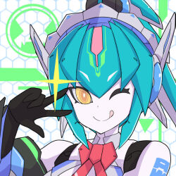 Rule 34 | 1girl, :&gt;, android, aqua hair, armor, arnetes, asahi, breasts, colored skin, curvy, detached collar, high ponytail, impossible clothes, joints, large breasts, lilith-soft, long hair, looking at viewer, mecha musume, mechanical arms, mechanical hair, no humans, one eye closed, ponytail, robot girl, robot joints, smile, solo, taimanin (series), taimanin rpgx, tongue, tongue out, upper body, v, white skin, wide hips, wink, yellow eyes