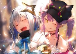 Rule 34 | 2girls, absurdres, amane kanata, amane kanata (1st costume), angel, angel wings, armband, baseball cap, bow, choker, closed eyes, collarbone, ear piercing, fake horns, feathered wings, feathers, green eyes, grey hair, halo, hands on another&#039;s shoulders, hat, highres, hololive, horned headwear, horns, kakage, multicolored hair, multicolored nails, multiple girls, nail polish, off shoulder, one eye closed, open mouth, piercing, purple hair, smile, tokoyami towa, tokoyami towa (1st costume), tongue, tongue out, twintails, two-tone hair, upper body, virtual youtuber, wings
