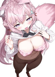 Rule 34 | 1girl, :3, animal ears, antenna hair, black bow, blush, bow, bra, braid, braided bun, breasts, brown footwear, brown pantyhose, cleavage, clothes lift, collared shirt, covered erect nipples, covered navel, crown braid, crystal shoujo, double bun, ear down, fang, fingernails, floral print, from above, hair between eyes, hair bun, hair ribbon, hakui koyori, highres, hololive, large breasts, lifting own clothes, loafers, long hair, long sleeves, looking at viewer, nail polish, open mouth, panties, pantyhose, pink bra, pink eyes, pink hair, pink nails, pink panties, pink tail, print bra, red ribbon, ribbon, shirt, shirt lift, shoes, simple background, smile, solo, tail, thighs, underwear, virtual youtuber, white background, white shirt, wolf ears, wolf girl, wolf tail