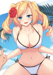 Rule 34 | 1girl, akahi242, bare arms, bare legs, bare shoulders, bikini, blonde hair, blue eyes, blush, breasts, cleavage, collarbone, cowboy shot, drill hair, flower, hair flower, hair ornament, halterneck, highres, honolulu (kancolle), kantai collection, large breasts, long hair, navel, open mouth, red flower, side-tie bikini bottom, smile, solo focus, string bikini, swimsuit, twin drills, twintails, white bikini