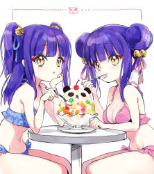 Rule 34 | 2girls, :3, bell, bikini, blue bikini, blue hair, blush, breasts, cleavage, closed mouth, double bun, eyebrows hidden by hair, food, hair bell, hair bun, hair ornament, hair ribbon, ice cream, jashin-chan dropkick, kyon-kyon (jashin-chan dropkick), large breasts, looking at viewer, multiple girls, navel, official art, open mouth, pink bikini, ran-ran, ribbon, siblings, simple background, sisters, small breasts, smile, swimsuit, twintails, white background, yellow eyes, yukiwo