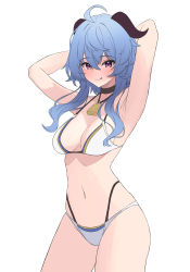 Rule 34 | 1girl, :q, absurdres, ahoge, andamiro, armpits, arms behind head, bare shoulders, bell, bikini, blue hair, blush, breasts, cleavage, cowboy shot, ganyu (genshin impact), genshin impact, goat horns, highleg, highleg panties, highres, horns, long hair, looking at viewer, medium breasts, navel, neck bell, panties, purple eyes, sidelocks, simple background, solo, swimsuit, tongue, tongue out, underwear, unfinished, white background