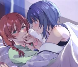 Rule 34 | 2girls, absurdres, asaka karin, bed sheet, blue eyes, blush, braid, brown hair, collarbone, commentary request, e atkenedm, emma verde, furrowed brow, green eyes, green shirt, highres, holding another&#039;s wrist, indoors, looking at another, looking to the side, love live!, love live! nijigasaki high school idol club, low twintails, medium hair, multiple girls, parted lips, shade, shirt, sidelocks, twin braids, twintails, under covers, upper body, yuri
