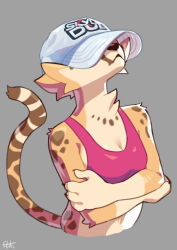 Rule 34 | 1girl, :&lt;, absurdres, baseball cap, body fur, breasts, cheetah ears, cheetah girl, claws, cropped torso, female focus, furry, furry female, grey background, hat, hat over eyes, highres, kadim, original, simple background, small breasts, solo, sports bra, upper body, white hat