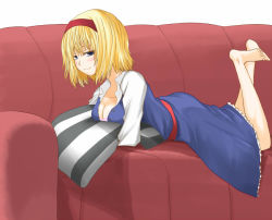 Rule 34 | 1girl, alice margatroid, barefoot, blonde hair, blush, bra, breast press, breasts, cleavage, couch, dress, feet, female focus, full body, hairband, hane (hanegoya), lying, hugging object, on stomach, pillow, pillow hug, smile, solo, touhou, underwear
