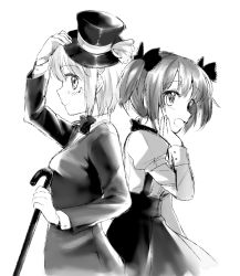 Rule 34 | 10s, 2girls, alternate costume, bad id, bad pixiv id, bow, bowtie, cane, dddoochi1, dress, formal, gloves, greyscale, hair bow, hat, kaname madoka, mahou shoujo madoka magica, mahou shoujo madoka magica (anime), miki sayaka, monochrome, multiple girls, musical note, short twintails, smile, suit, top hat, traditional bowtie, tuxedo, twintails