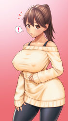 Rule 34 | !, 1girl, breasts, brown eyes, brown hair, bulge, covered erect nipples, daisy mitsumata, dress, futanari, highres, large breasts, leggings, looking at viewer, ponytail, solo, standing, sweater, sweater dress