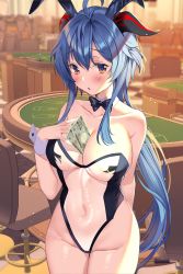 Rule 34 | 1girl, :o, ahoge, aile (crossroads), alternate costume, animal ears, banknote, between breasts, black bow, black bowtie, blackjack table, blue hair, blush, bow, bowtie, breasts, casino, chair, cleavage, collarbone, covered navel, detached collar, ganyu (genshin impact), genshin impact, goat horns, groin, hand on own chest, highleg, highleg leotard, highres, horns, large breasts, leotard, light particles, long hair, looking at viewer, meme attire, money, no legwear, orange eyes, parted lips, playboy bunny, rabbit ears, see-through, see-through leotard, sidelocks, solo, table, translucent bunnysuit, wrist cuffs, yen