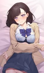 Rule 34 | 1girl, bed sheet, beige cardigan, blue bow, blue bra, blue skirt, blush, bow, bra, breasts, brown hair, cardigan, cleavage, closed mouth, clothes lift, collared shirt, commentary request, crossed arms, highres, kuen (kuennn12), looking at viewer, lying, medium breasts, medium hair, miniskirt, on back, open cardigan, open clothes, original, pillow, pleated skirt, purple eyes, shirt, shirt lift, skirt, skirt lift, thighs, underwear, white shirt
