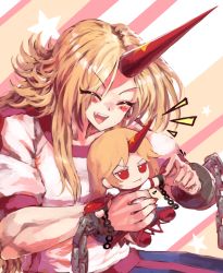Rule 34 | 1girl, arms up, bad id, bad pixiv id, blonde hair, blush stickers, chain, character doll, closed eyes, commentary, commission, cuffs, doll, fang, fingernails, fumo (doll), holding, holding doll, horns, hoshiguma yuugi, long hair, nail polish, open mouth, puffy short sleeves, puffy sleeves, red nails, shackles, shirt, short sleeves, single horn, smile, solo, star (symbol), striped, striped background, sunnysideup, teeth, touhou, upper teeth only, very long hair, white shirt